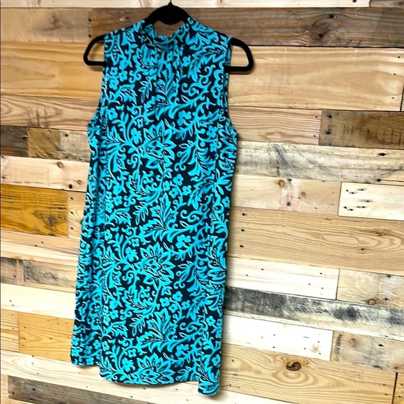 Ann Taylor Factory Size Med Sleeveless Blue And Black Hawaiian Patterned Dress - Picture 1 of 8